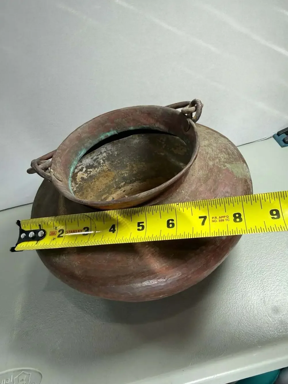 Antique Hand Hammered Copper Pot Cauldron Bail Handle Verdigris Patina Primitive